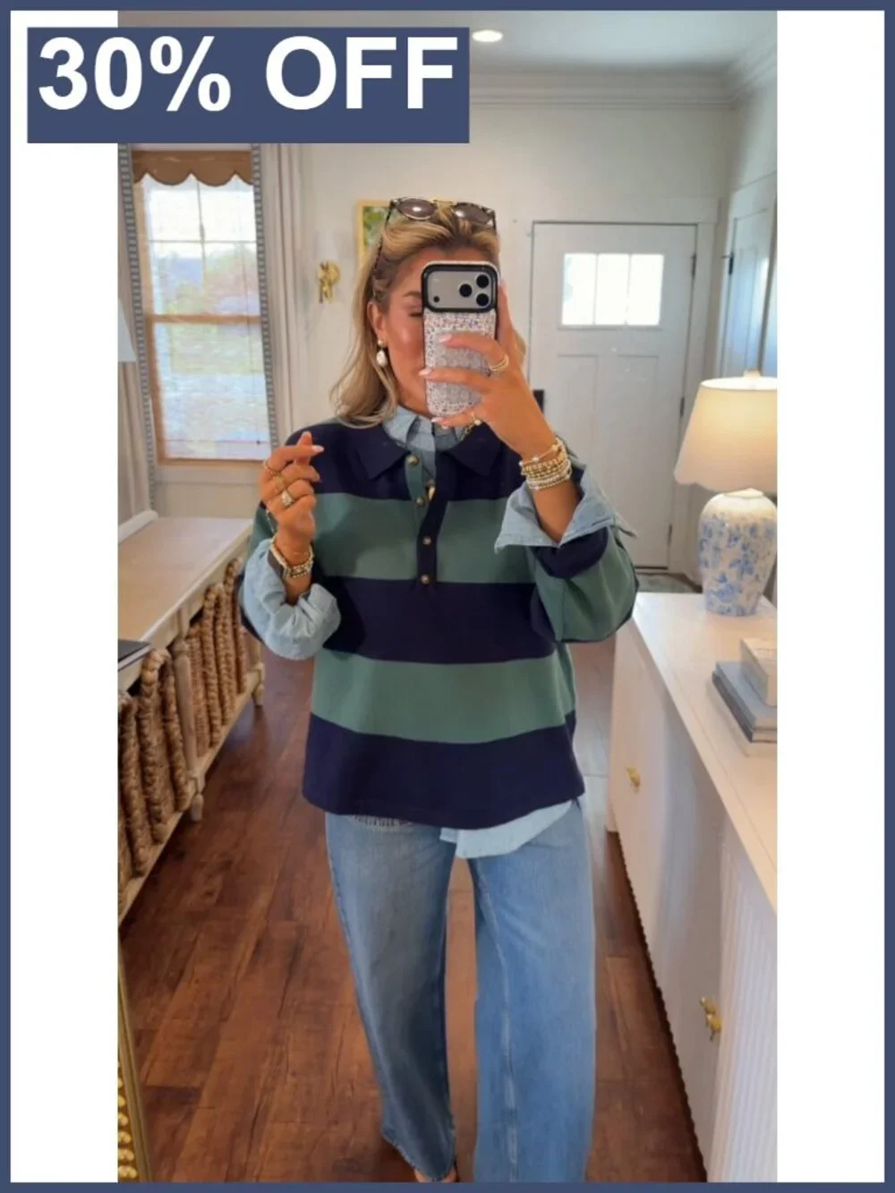 Rugby Polo Sweater Women Button Front V-Neck Striped Pullover